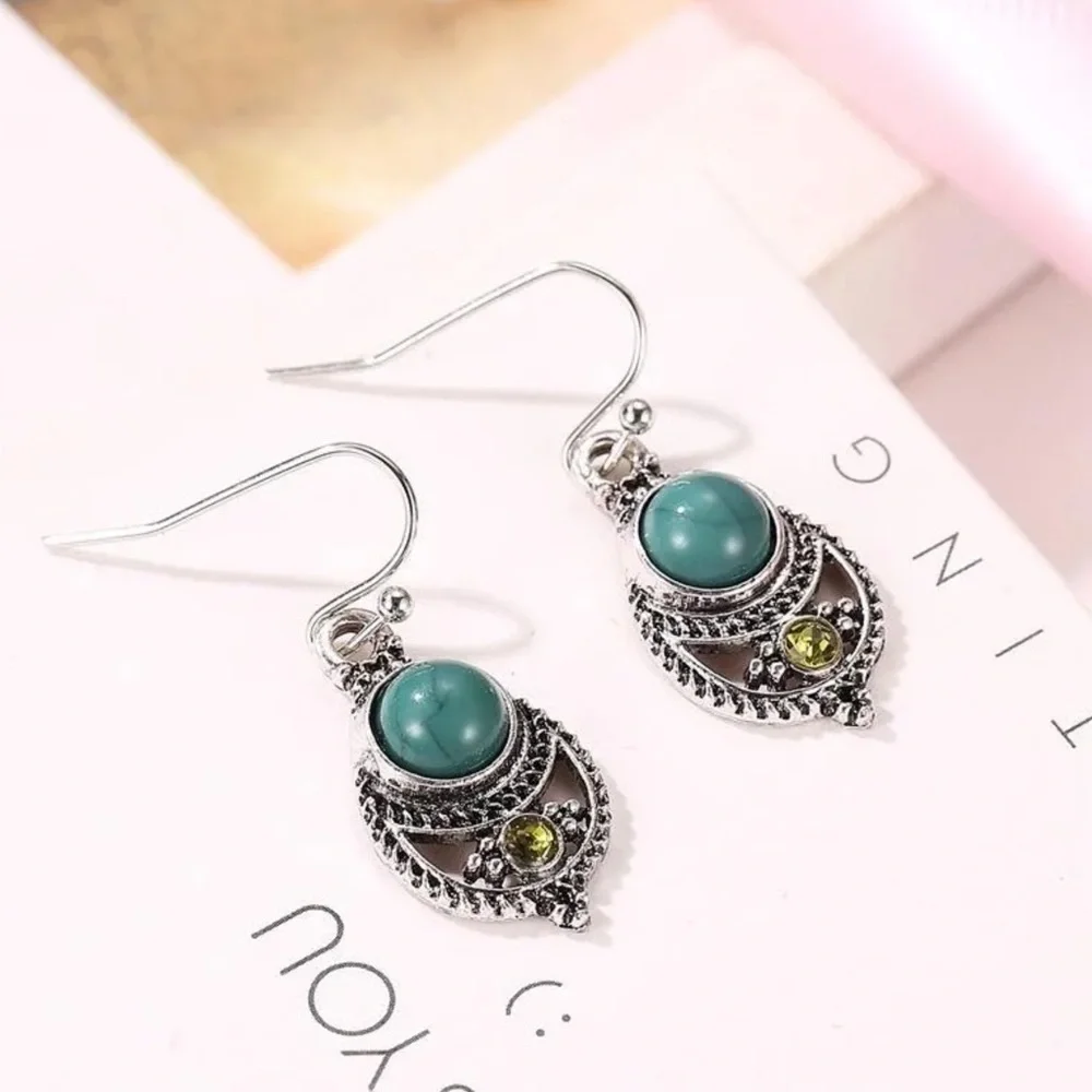 Silver Turquoise Amber Boho Glam Drop Earrings - Picture 3 of 4